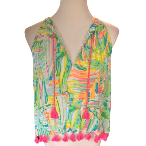 Lilly Pulitzer Roxi Colorful Beach Top Pink Tassel Trim Women's Sz Small New NWT - Picture 2 of 10